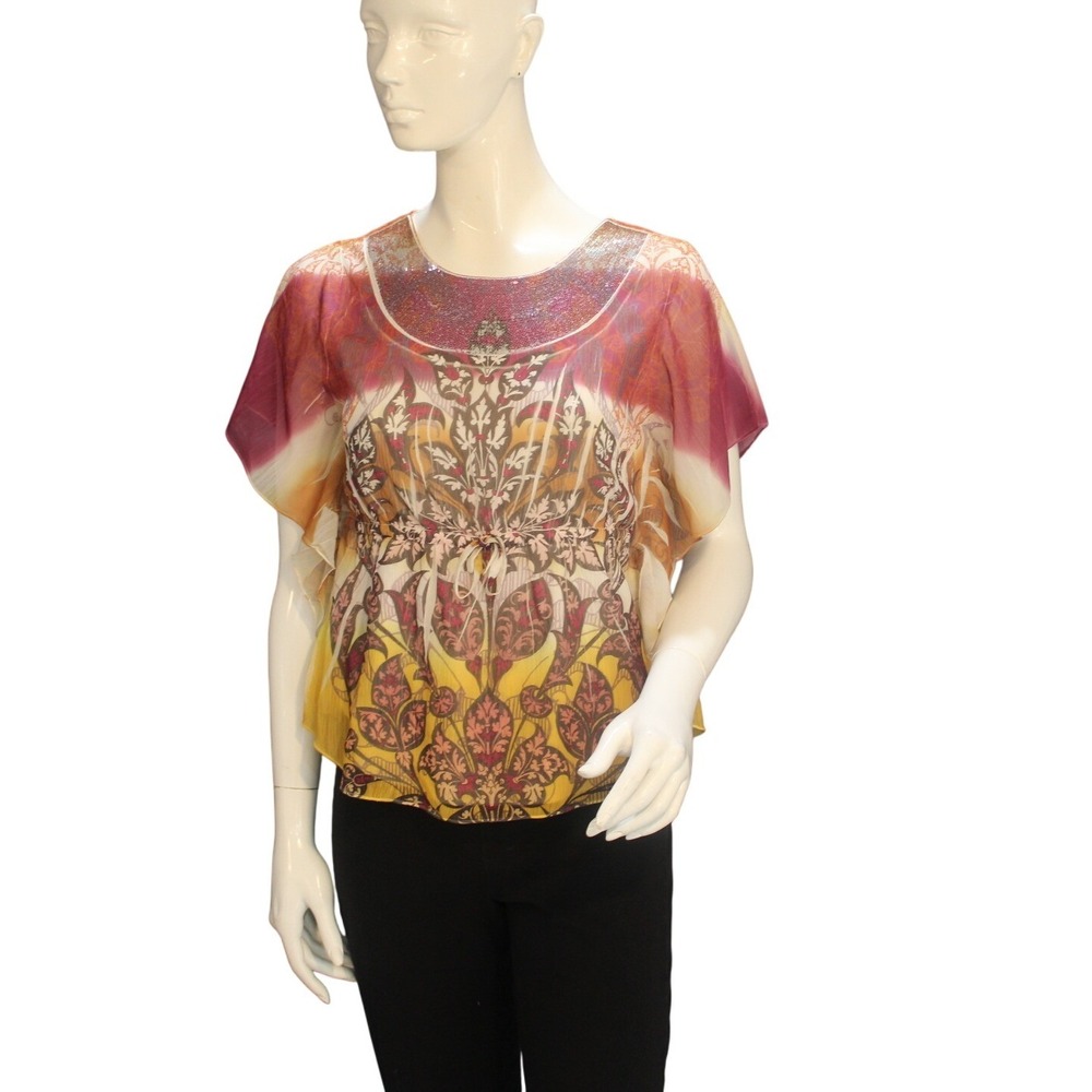Cato Girls Sheer Printed Flutter Sleeve Top Multicolor Size L 12/14
